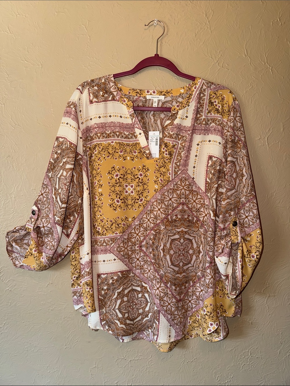 Maurice’s NEW Patchwork V-Neck Blouse - Mustard & Mauve plus size 1